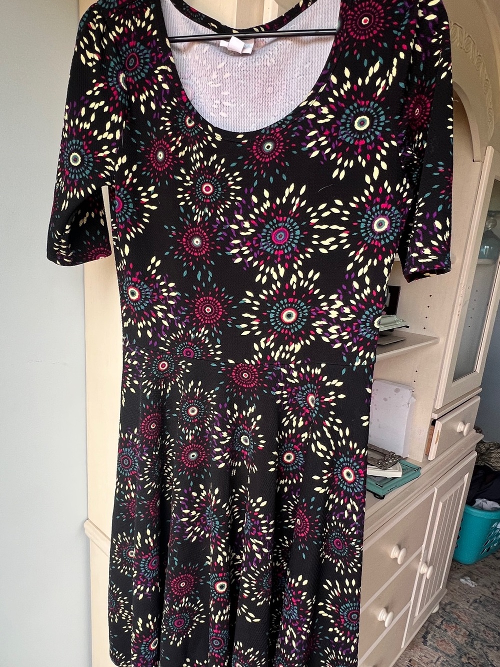 LuLaRoe Black Dress with Teal Purple and Magenta Burst Print